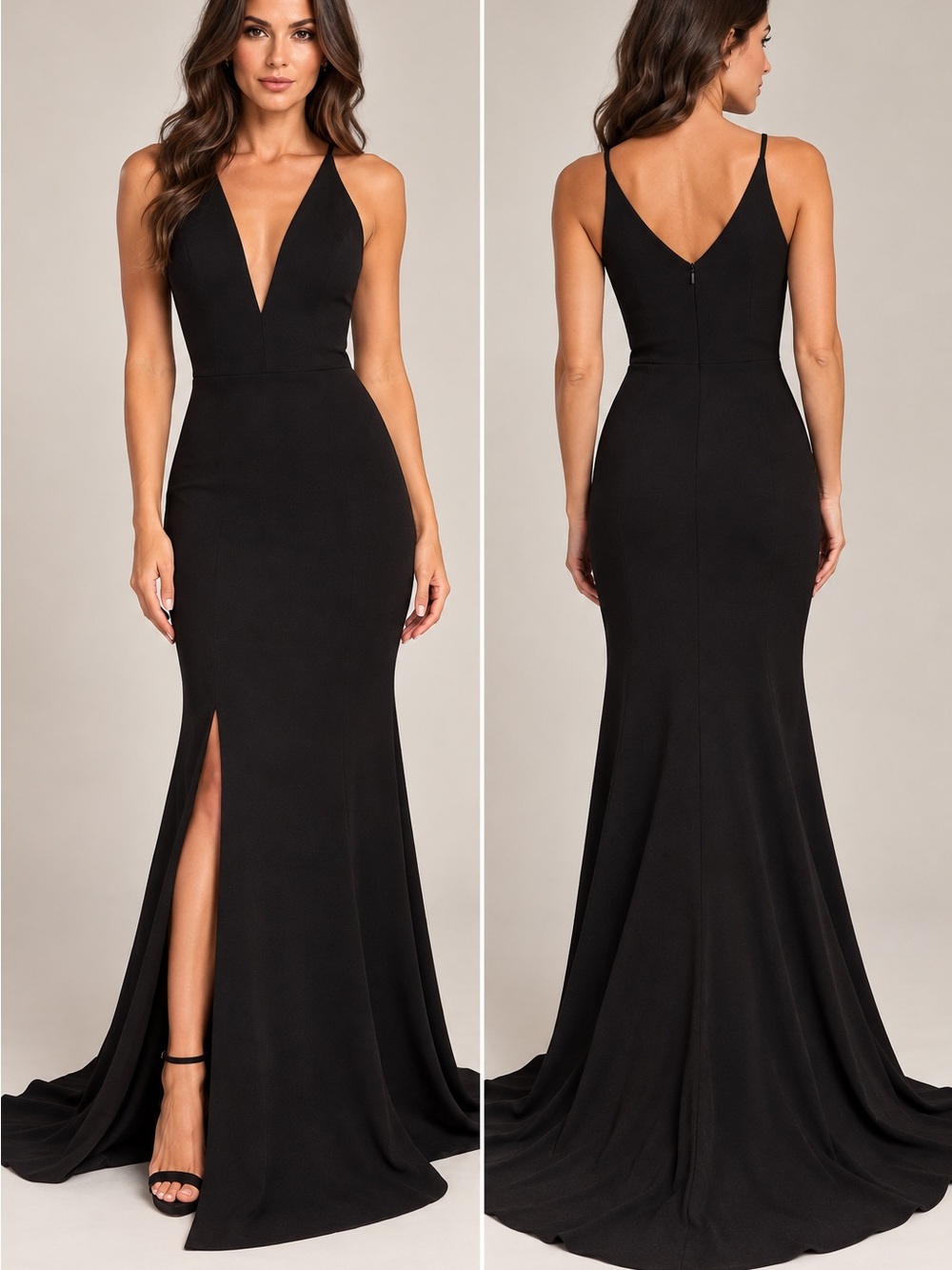 Dress the Population Iris Black Plunge V-Neck Slit Crepe Gown Size M